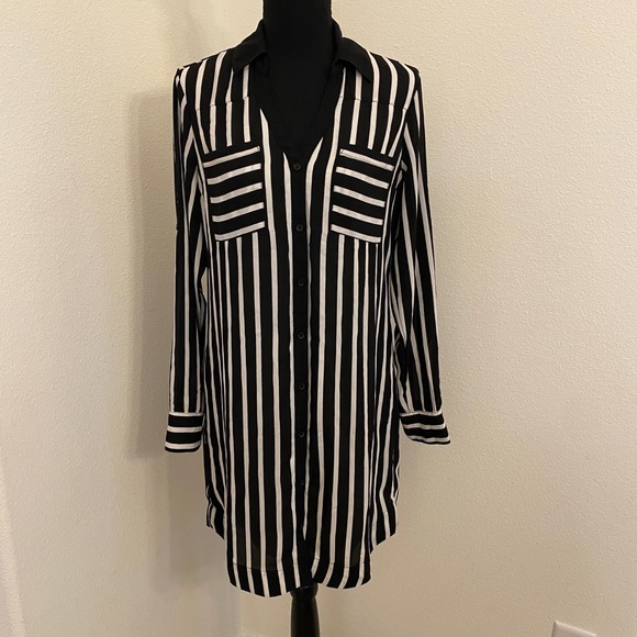 Express Dresses & Skirts - Express The Portofino Shirt Dress S Black White Striped Long Roll Tab Sleeve
